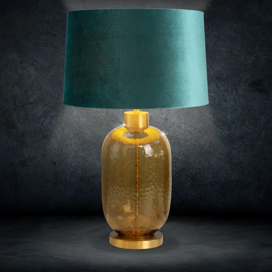 Lampa stołowa MUSA na szklanej podstawie z miodowego szkła z welwetowym abażurem - ∅ 40 x 69 cm - turkusowy