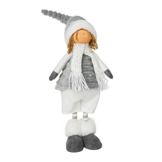 Figurka świąteczna DOLL lalka w zimowym stroju z miękkich tkanin - 18 x 12 x 65 cm - biały