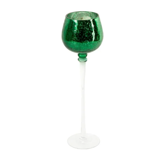 Świecznik szklany VERRE na wysmukłej nóżce z zielonym kielichem - ∅ 9 x 30 cm - biały