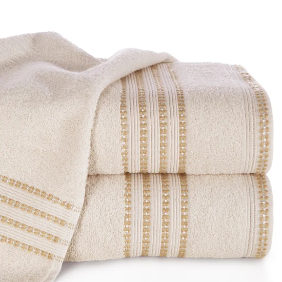 Ręcznik bawełniany z ozdobną bordiurą w paski - 50 x 90 cm - beżowy