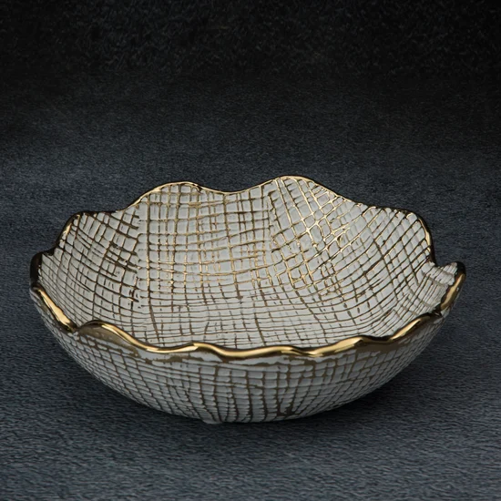 Misa ceramiczna SELMA z wytłaczanym wzorem biało-złota - ∅ 20 x 6 cm - biały