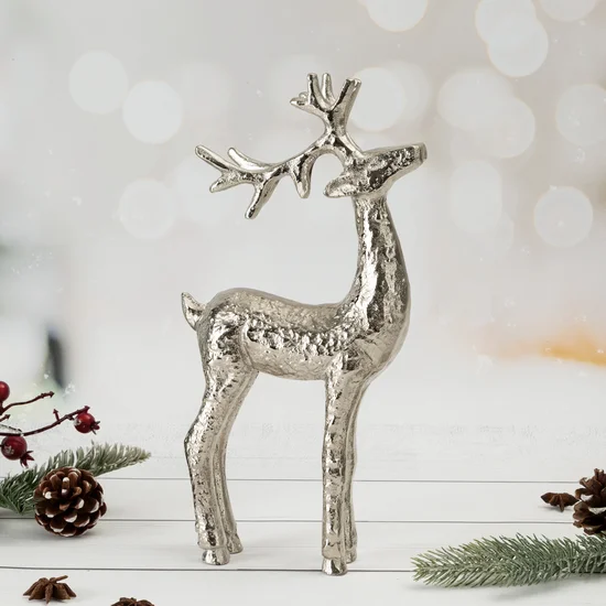 Figurka świąteczna RENIFER z metalu i dużymi rogami - 14 x 5 x 31 cm - srebrny