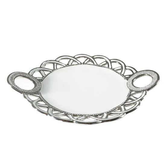 Patera MALIA z dolomitu z ażurowym zdobieniem i drobnymi kryształkami, biało-srebrna - 40 x 32 x 6 cm - biały