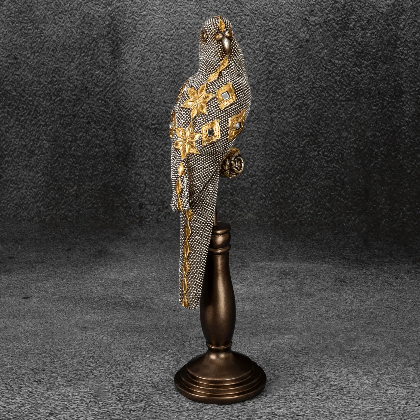 Papuga figurka ceramiczna srebrno-złota
