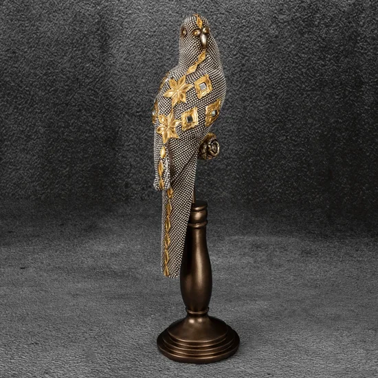 Papuga figurka ceramiczna srebrno-złota - 10 x 10 x 35 cm - srebrny