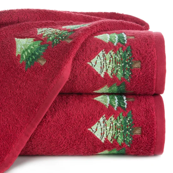 Ręcznik świąteczny SANTA 17 bawełniany  z haftem z choinkami - 70 x 140 cm - czerwony