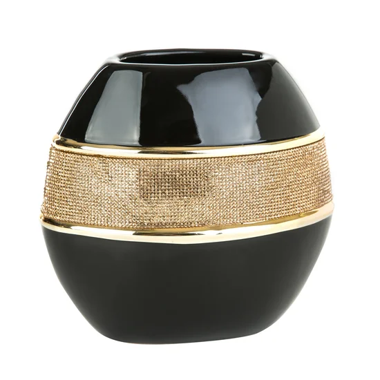 Wazon dekoracyjny zdobiony złotymi kryształkami - 21 x 11 x 21 cm - czarny