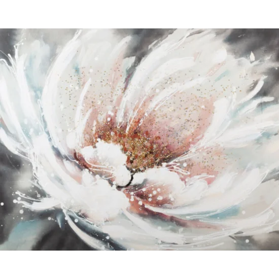 Obraz FLOWERY 1 ręcznie malowany na płótnie kwiat podkreślony srebrno-złotymi drobinkami - 100 x 80 cm - kremowy