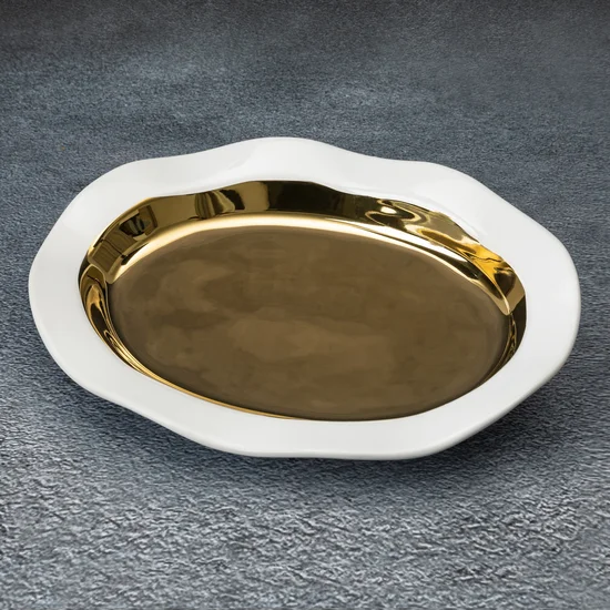 Patera ceramiczna o falującym kształcie biało-złota - 31 x 22 x 4 cm - biały