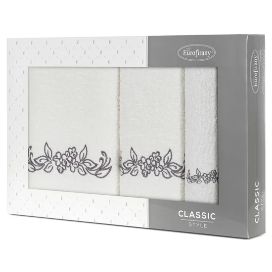 Zestaw upominkowy  CLAVIA 3 szt ręczników z haftem z motywem kwiatowym w kartonowym opakowaniu na prezent - 56 x 36 x 7 cm - kremowy