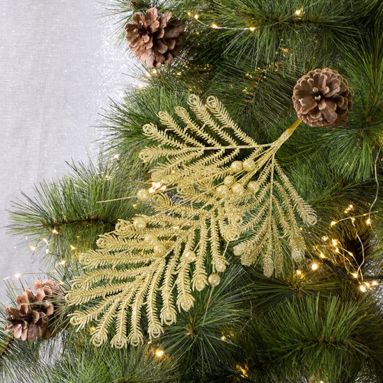 Zimowa gałązka dekoracyjna obsypana złotym brokatem - 35 x 20 cm - złoty