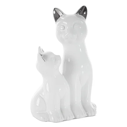 Koty figurka dekoracyjna ceramiczna biało-srebrna Koty figurka dekoracyjna ceramiczna biało-srebrna - 15 x 11 x 22 cm