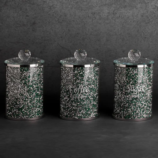 Komplet VENTOSA 3 szt pojemników do przechowywania z kryształkami, w stylu glamour - ∅ 10 x 17 cm - zielony