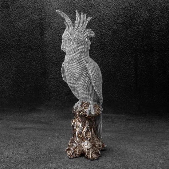 Papuga - figurka dekoracyjna ELDO o drobnym strukturalnym wzorze, srebrno-złota - 12 x 11 x 32 cm - srebrny