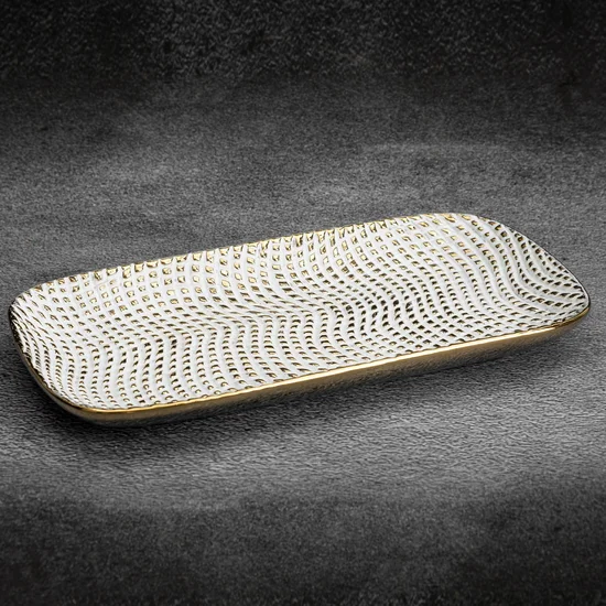 Patera ceramiczna VERDA o prostokątnym kształcie z drobnym wytłaczanym wzorem - 30 x 16 x 3 cm - biały
