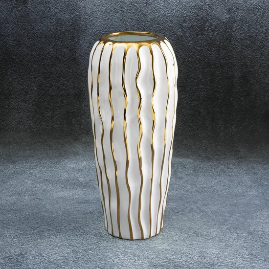 Wazon ceramiczny SAVANA 2 przecierany biało-złoty - ∅ 15 x 34 cm - biały
