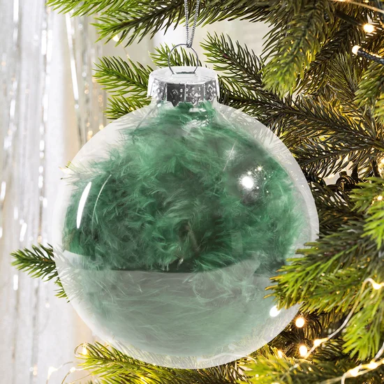 Transparentna bombka szklana wypełniona naturalnymi piórami - ∅ 8 cm - zielony