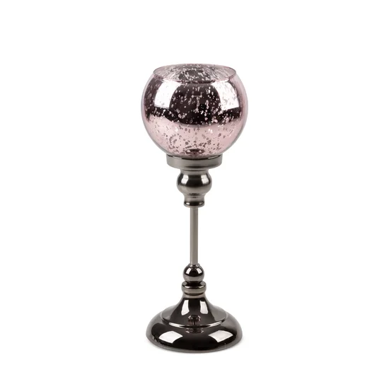 Świecznik bankietowy szklany FIBI 3 na wysmukłej metalowej grafitowej nóżce i szklany różowy kielich - ∅ 12 x 30 cm - różowy