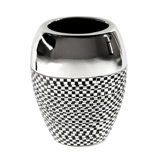 Wazon ceramiczny dekorowany lusterkami w stylu glamour srebrno-czarny - 14 x 9 x 20 cm - srebrny