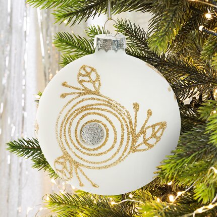 Bombka szklana ręcznie zdobiona brokatowym wzorem i kryształkiem ∅ 8 cm biały,złoty