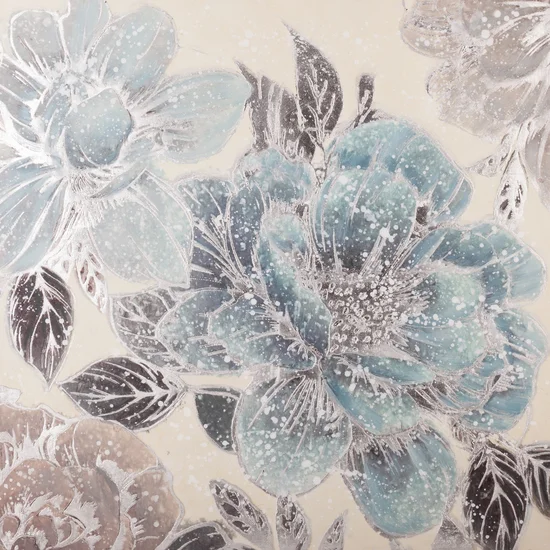 Obraz SILVERY 2 ręcznie malowane na płótnie kwiaty ze srebrnymi elementami - 90 x 90 cm - niebieski