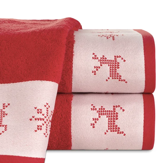Ręcznik NOEL 02 świąteczny z żakardową bordiurą z motywem skandynawskim - 50 x 90 cm - czerwony