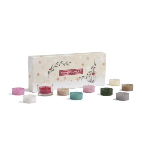 YANKEE CANDLE - zestaw 10 mini świec zapachowych tealight na prezent SNOW GLOBE WONDERLAND - 28.5 x 11 x 4 cm - kremowy