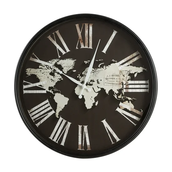 Duży zegar ścienny z mapą i rzymskimi cyframi, średnica 60 cm - 60 x 6 x 60 cm - czarny