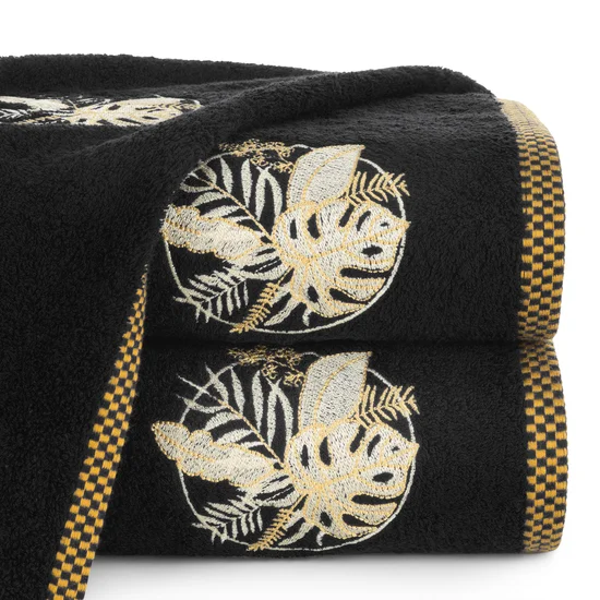 Ręcznik  PALMS bawełniany z haftowaną bordiurą w egzotyczne liście - 50 x 90 cm - czarny
