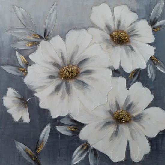 Obraz BLOOM ręcznie malowany na płótnie białe kwiaty wykończone lśniącym brokatem - 80 x 80 cm - popielaty