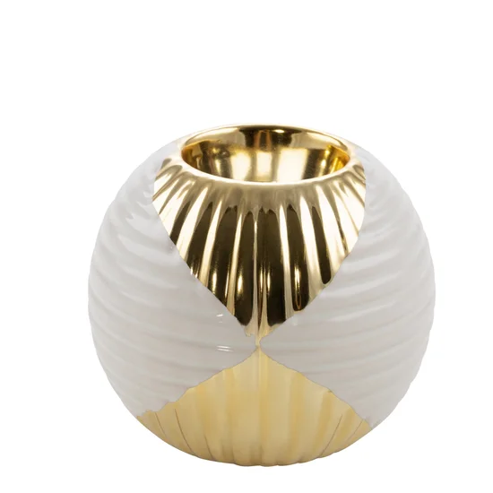 Świecznik ceramiczny biało-złoty z geometrycznym wzorem - ∅ 10 x 9 cm - beżowy