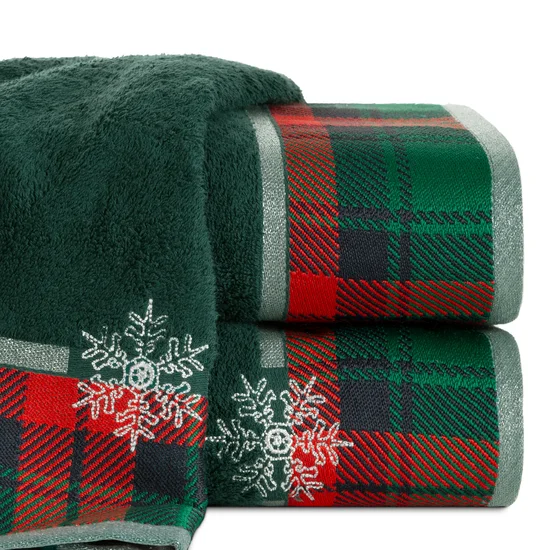 Ręcznik świąteczny STAR  01 bawełniany z żakardową bordiurą w kratkę i haftem ze śnieżynkami - 70 x 140 cm - butelkowy zielony