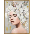 Obraz STELLA portret kobiety w nakryciu głowy z kwiatów ręcznie malowany na płótnie w ramie - 60 x 80 cm - szary 1