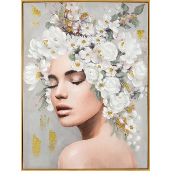 Obraz STELLA portret kobiety w nakryciu głowy z kwiatów ręcznie malowany na płótnie w ramie - 60 x 80 cm - szary