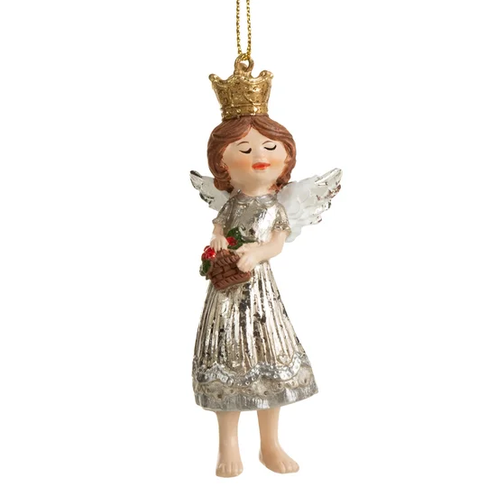 Figurka świąteczna ANIOŁEK trzymający koszyczek z bukietem kwiatów - 4 x 3 x 9 cm - srebrny