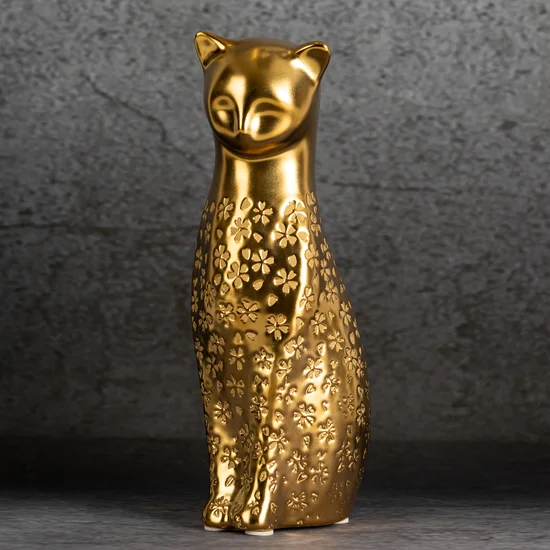 Figurka ceramiczna KITY złoty kot z wytłaczanymi kwiatuszkami - 9 x 11 x 27 cm - złoty