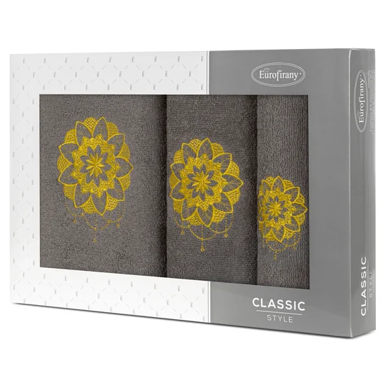 Zestaw upominkowy LOTUS 3 szt ręczników z haftem z motywem kwiatu lotosu w kartonowym opakowaniu na prezent - 56 x 36 x 7 cm - stalowy