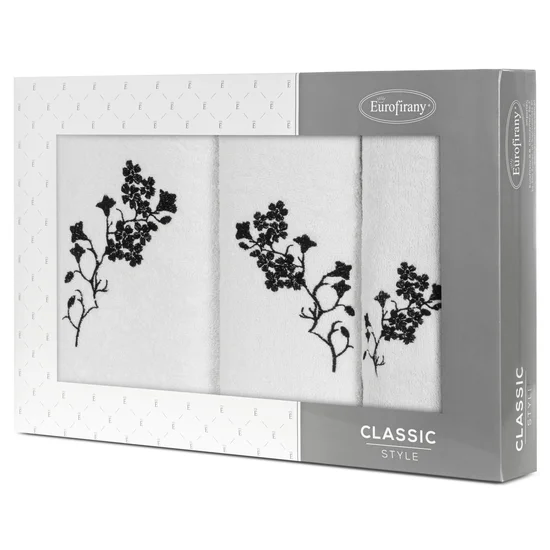 Zestaw upominkowy BLOSSOM 3 szt ręczników z haftem z motywem kwiatowym w kartonowym opakowaniu na prezent - 56 x 36 x 7 cm - biały