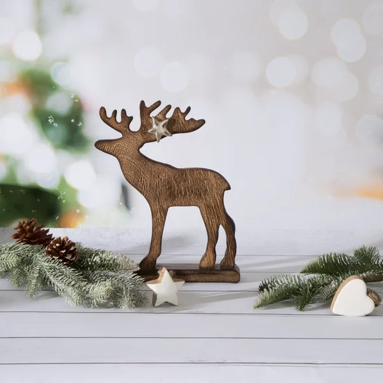 Figurka świąteczna  drewniany renifer w stylu eko - 21 x 5 x 26 cm - brązowy