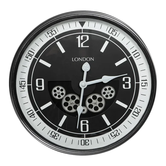 Dekoracyjny zegar ścienny w stylu vintage z ruchomymi kołami zębatymi - 59 x 11 x 59 cm - czarny