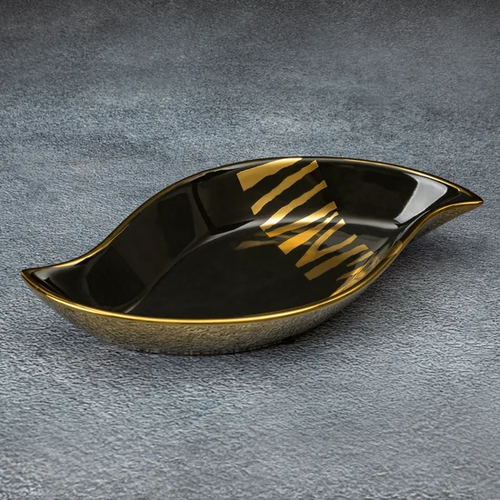 Patera ceramiczna SELENA o kształcie łódki czarno-złota - 31 x 17 x 5 cm - czarny