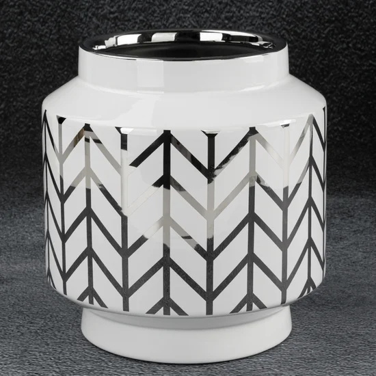Wazon ceramiczny EMERA z geometrycznym wzorem biało-srebrny - ∅ 18 x 19 cm - biały
