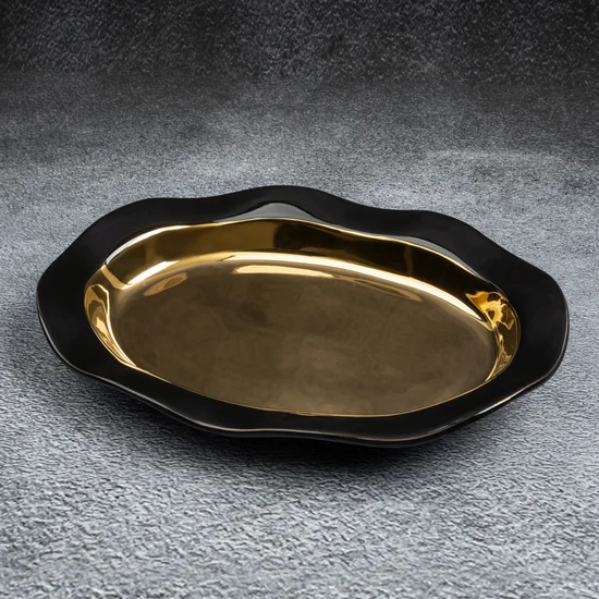 Patera ceramiczna o falującym kształcie czarno-złota - 31 x 22 x 4 cm - czarny