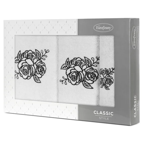 Zestaw upominkowy ROSALIA 3 szt ręczników z haftem z motywem róż w kartonowym opakowaniu na prezent - 56 x 36 x 7 cm - biały