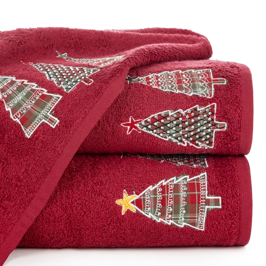 Ręcznik świąteczny SANTA 15 bawełniany z aplikacją z choinkami i drobnymi kryształkami - 50 x 90 cm - czerwony