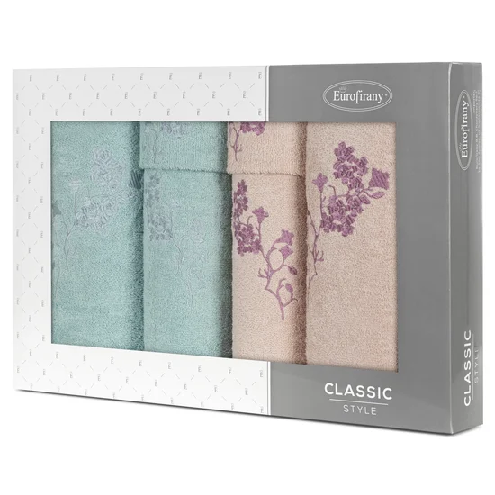 Zestaw upominkowy BLOSSOM 6 szt ręczników z haftem z motywem gałązki kwiatów w kartonowym opakowaniu na prezent - 53 x 37 x 11 cm - pudrowy róż