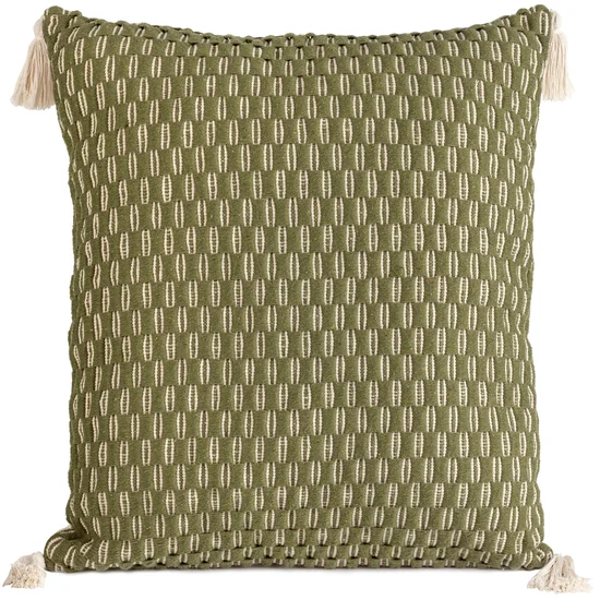 TERRA COLLECTION Poszewka MONTENEGRO z grubej tkaniny bawełnianej zdobiona chwostami na rogach - 60 x 60 cm - oliwkowy