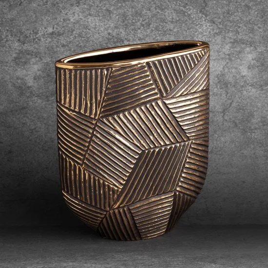 Wazon ceramiczny EMMI z wytłaczanym geometrycznym wzorem - 21 x 9 x 28 cm - czarny