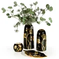 Wazon ceramiczny BILOBA z motywem liści miłorzębu, czarno-złoty - 24 x 9 x 24 cm - czarny 4