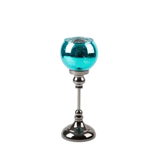Świecznik bankietowy szklany FIBI  na wysmukłej metalowej  nóżce ze szklanym kloszem - ∅ 12 x 30 cm - turkusowy